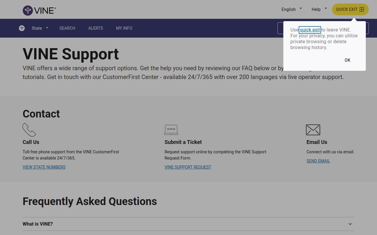 VINELink notification registration help for Columbia County releases