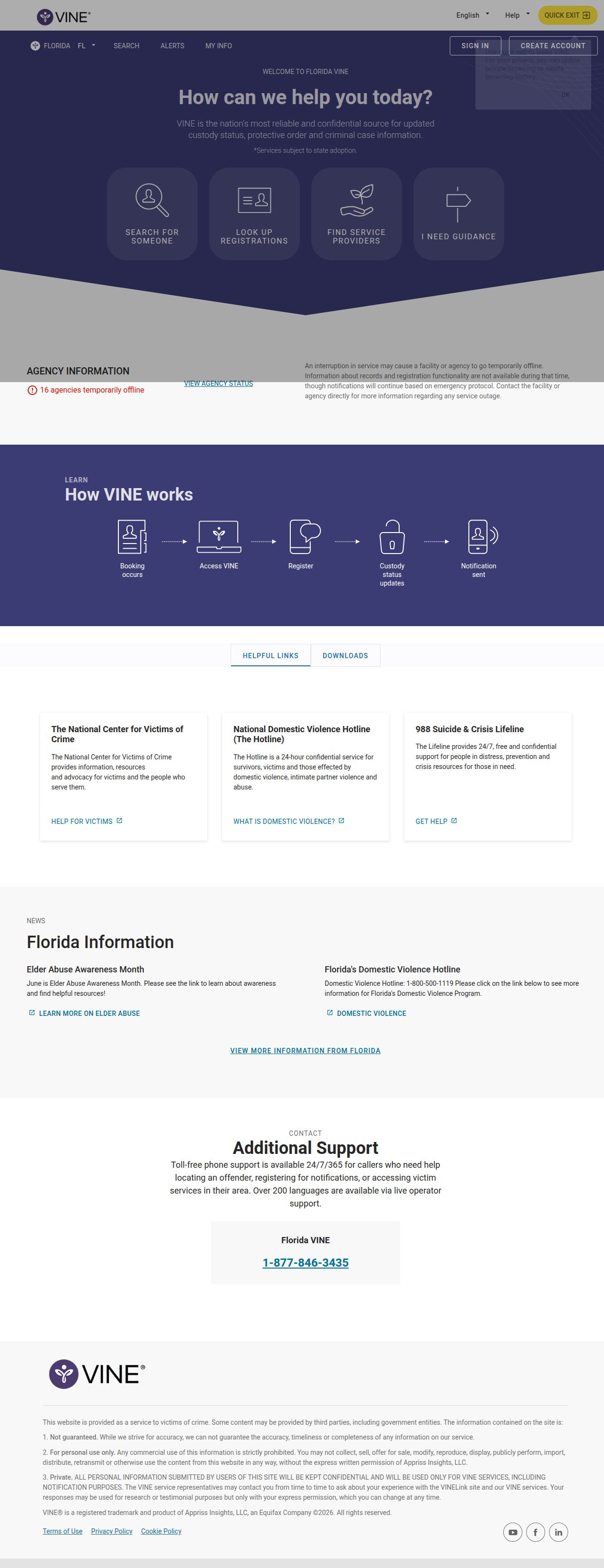 Florida VINELink search for a Columbia County inmate