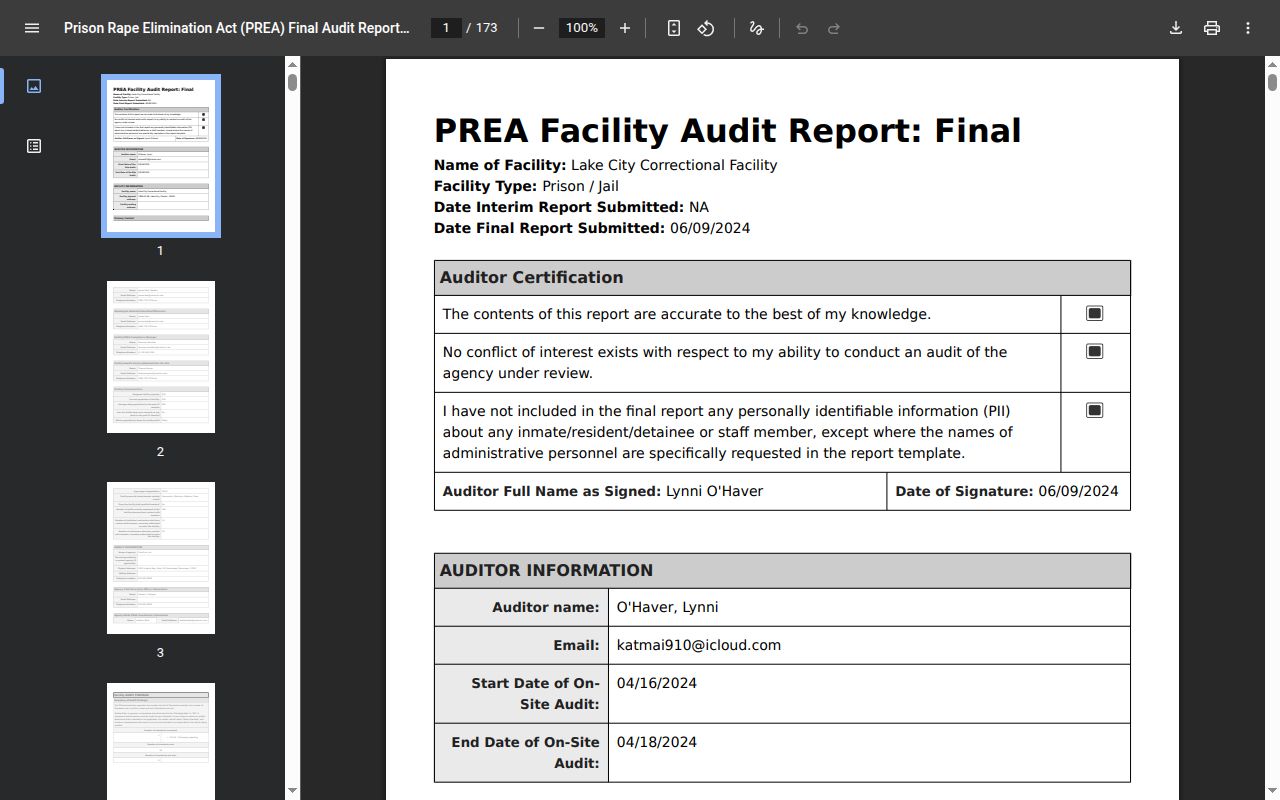 Lake City Correctional Facility 2024 audit and FDC release context